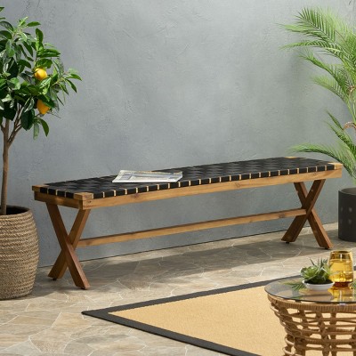 Acacia Wood Outdoor Bench,Rectangle Garden Wooden Side Bench With Weave Rope Seat And X Cross Frame,Solid Acacia Wood Patio Bench-Coolbibila