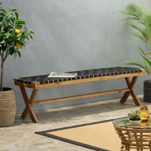 Acacia Wood Outdoor Bench,Rectangle Garden Wooden Side Bench With Weave Rope Seat And X Cross Frame,Solid Acacia Wood Patio Bench-Coolbibila - 1 of 4