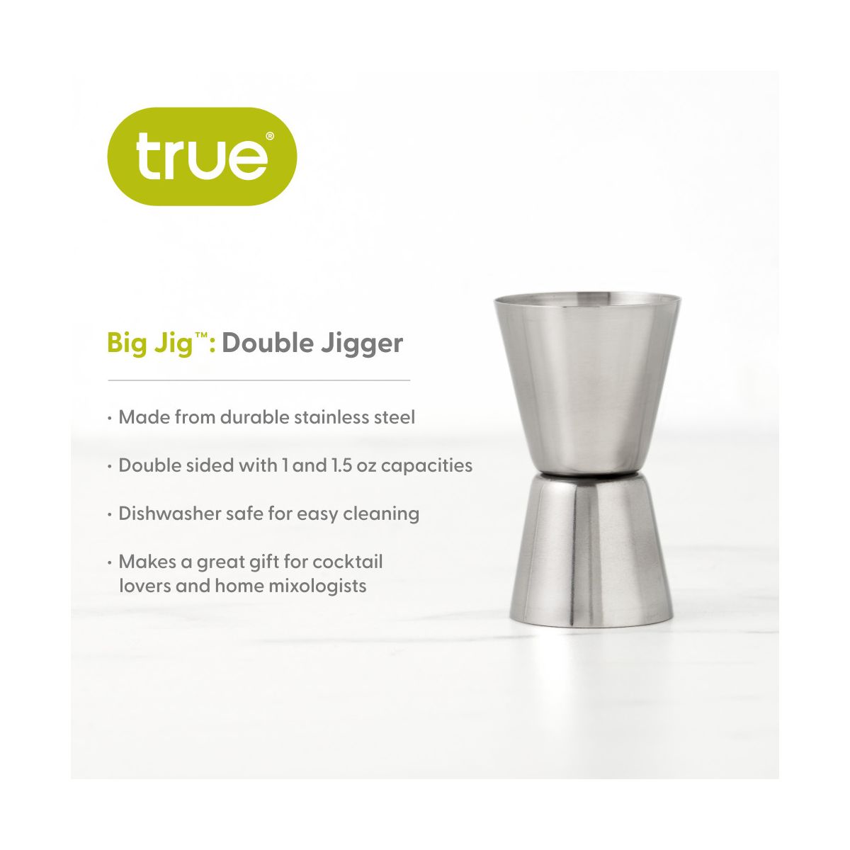 True Big Jig Cocktail Measuring Jigger for Bartending, Durable Stainless Steel Double Jiggers, Bar Tools, Home Bar Accessories 1 oz & 1.5 oz, Set of 1 - thumbnail 2