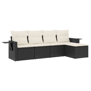 vidaXL 5 Piece Patio Sofa Set with Cushions Black and Cream Poly Rattan - Without Table - 1 of 4