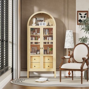 72" Arched Cabinet with Glass Doors and Sensor Light, Farmhouse Cabinet with Adjustable Shelves and Drawers, Living Room Wood Grain Cabinet-Koiai - 1 of 4