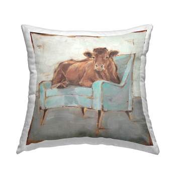Stupell Industries Brown Cattle on a Blue Chair Funny Chic Farmhouse Printed Pillow, 18 x 18