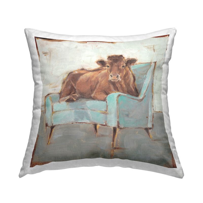 Stupell Industries Brown Cattle on a Blue Chair Funny Chic Farmhouse Printed Pillow, 18 x 18, 1 of 3