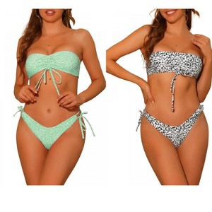 Elerevyo Women's Halter Floral Print Bandeau Tie Side Triangle Bottoms Swimwear Bathing Suits 2 Sets - 1 of 4