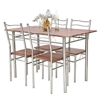Tangkula 5 PCS Dining Table Set 4 Chairs MDF Metal Frame Kitchen Furniture Walnut