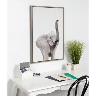Gray Framed Canvas Print of Young Elephant with Raised Trunk, 23" x 33"