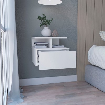 Floating Nightstand 12"H, Wall Mounted with Single Drawer and 2-Tier Shelf