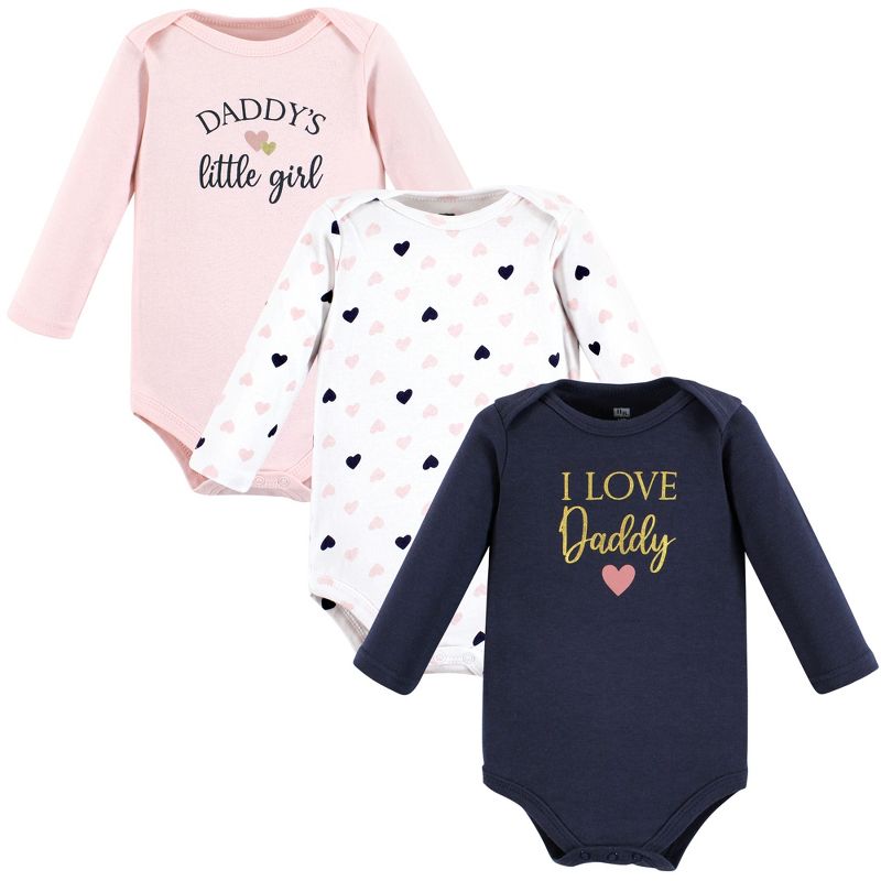 Hudson Baby Infant Girl Cotton Long-Sleeve Bodysuits, Girl Daddy Pink Navy 3-Pack, 1 of 6
