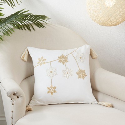 Gold Snowflakes Cotton Throw Pillow Cover with Tassels, 18"