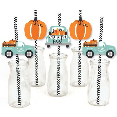 Big Dot of Happiness Happy Fall Truck - Paper Straw Decor - Harvest Pumpkin Party Striped Decorative Straws - Set of 24