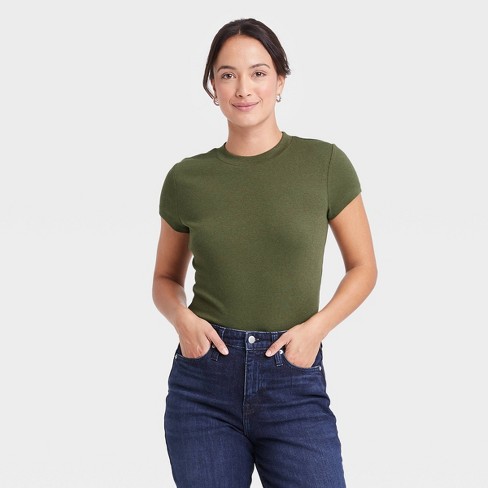 Women's Short Sleeve Slim Fit Ribbed T-shirt - A New Day™ Olive Green S :  Target