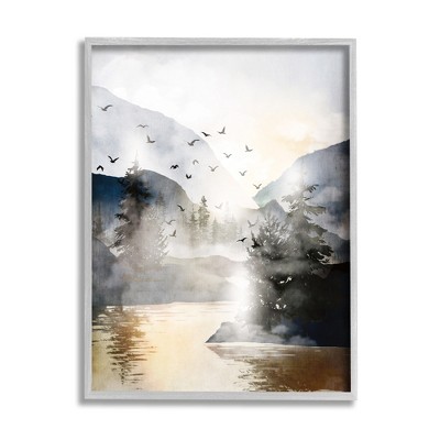Stupell Industries Flying Birds Mountain Lake View Framed Giclee Art