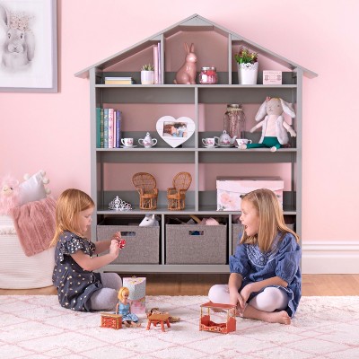 Image of Martha Stewart Kids' Deluxe Dollhouse Bookshelf - Sharky Gray: Children's Wooden Bedroom Bookcase and Toy Organizer with Storage Bins