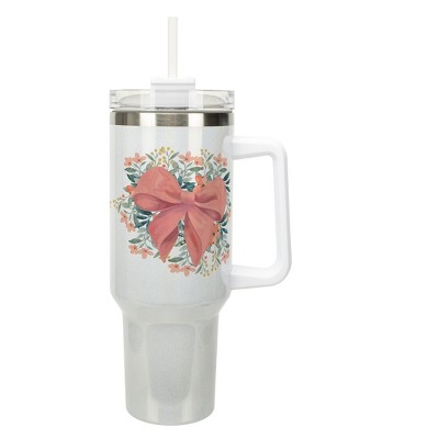 Elanze Designs 40 Ounce Stainless Steel Double Wall Insulated Glitter Travel Tumbler With Handle, Straw, and Lid, Pink Bow Floral White