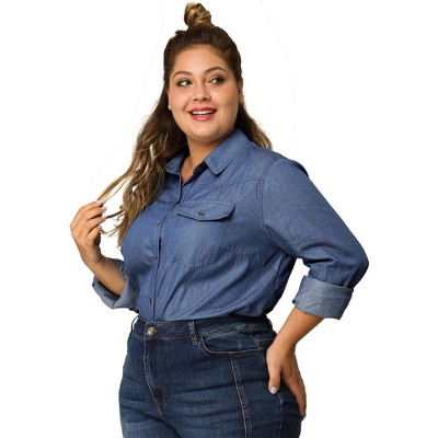 Unique Bargains Women's Plus Size Chest Pocket Long Sleeve Denim Chambray  Shirt 1X Blue