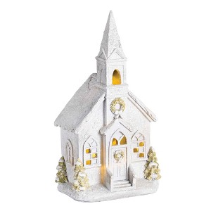 Dicksons LED Country Church - Glitter Snow - 9.75 x 5 Inch White Resin Collectible Tabletop Figurine - 1 of 1