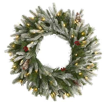 Nearly Natural 24" Pre-lit LED Flocked Pine Artificial Christmas Wreath with Pinecones Green with Warm White Lights