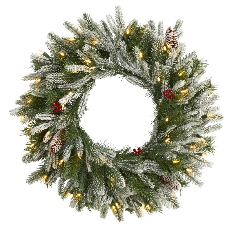 Nearly Natural 24&#34; Pre-lit LED Flocked Pine Artificial Christmas Wreath with Pinecones Green with Warm White Lights, 1 of 6