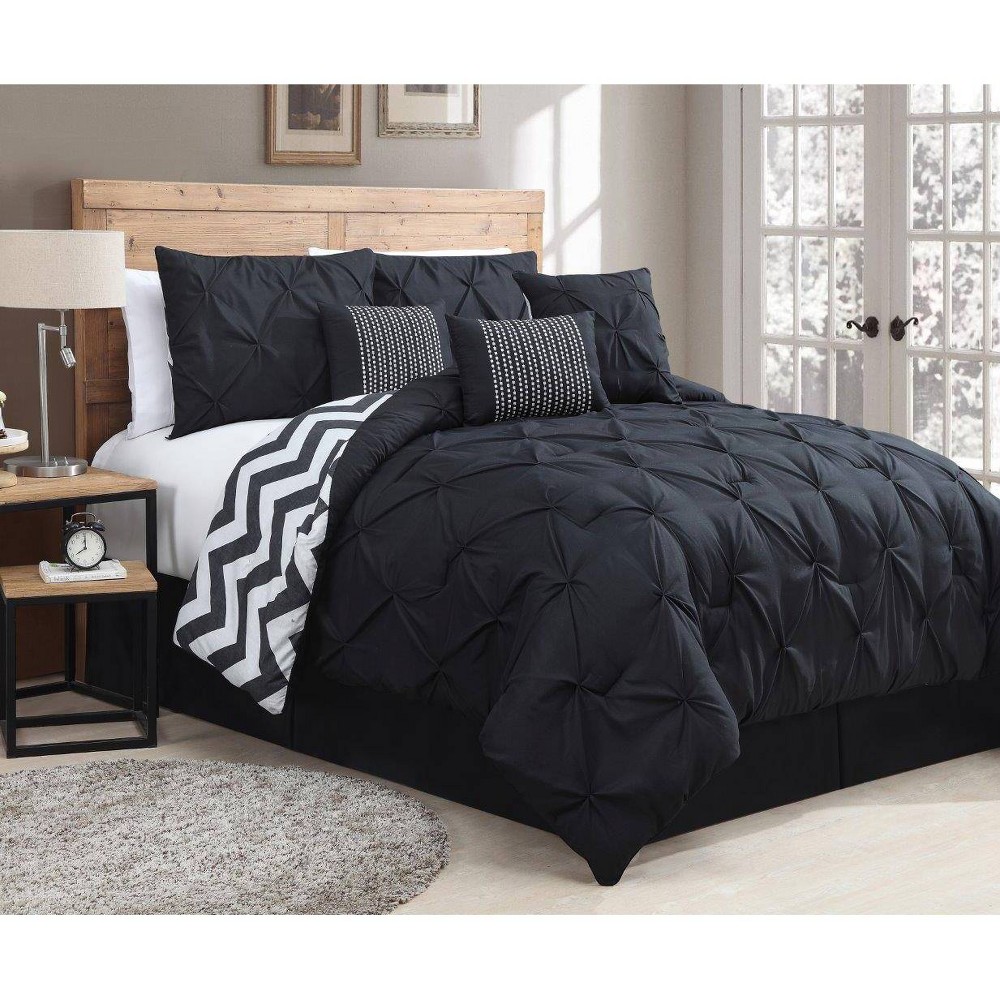 Photos - Duvet 7pc Queen Ella Pinch Pleat Comforter Set Black/White - Geneva Home Fashion