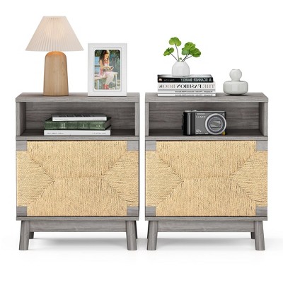 Brafabhome Set of 2 Modern Nightstands with Open Storage Shelf, Boho Bedside Tables with Natural Fiber Rope Woven Doors for Bedroom Living Room | Gray