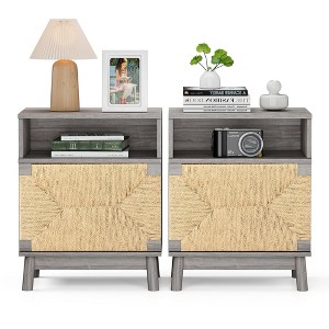 Brafabhome Set of 2 Modern Nightstands with Open Storage Shelf, Boho Bedside Tables with Natural Fiber Rope Woven Doors for Bedroom Living Room | Gray - 1 of 4