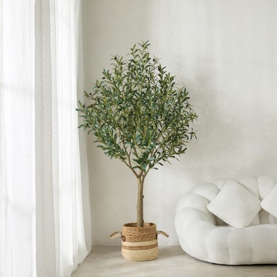 DR.Planzen 5-8FT Lush Artificial Olive Tree - UV Resistant Fake Plant with Black Fruits in 7x8" Black Pot for Indoor/Outdoor House & Floor Decor