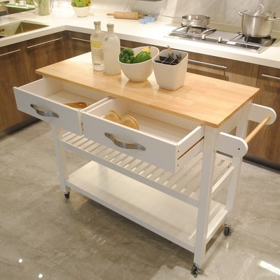 Kitchen Island & Kitchen Cart with Two Lockable Wheels, Rubber Wood Top