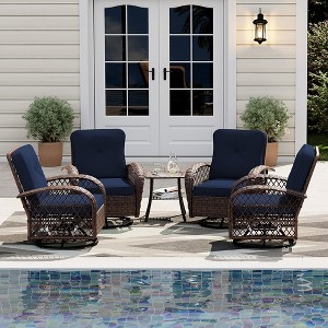 UPHA 5-Piece Patio Outdoor Wicker Swivel Rocking Chair Set with Side Table and Cushions - 1 of 4