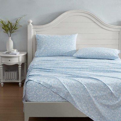 Blue Floral Cotton Percale Twin Sheet Set