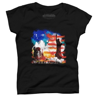 Girl's Design By Humans July 4th American Sunrise State of Liberty By kharmazero T-Shirt