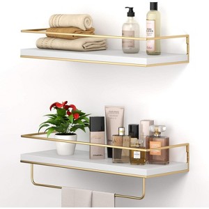 Attop White Floating Shelves - Set of 2, Wall Mounted Hanging Shelves with Golden Towel Rack, Decorative Storage Shelves for Bathroom, Kitchen - 1 of 4