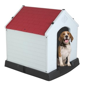 FDW 28/32/39 Inch Spacious Plastic Dog House Dog Kennel with Ventilated Roof Removable Tray - 1 of 4