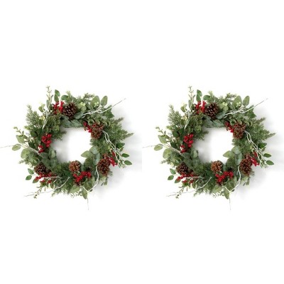 Sullivans Set of 2 Artificial Pine and Berry Wreath 24"H Green