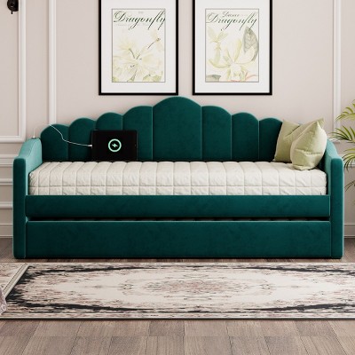 Twin Size Upholstered Daybed with Trundle & USB Charging Ports, Velvet Sofa Bed with Storage Pockets-Baofuwish