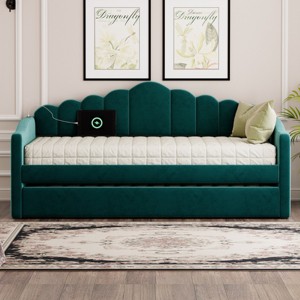 Twin Size Upholstered Daybed with Trundle & USB Charging Ports, Velvet Sofa Bed with Storage Pockets-Baofuwish - 1 of 4