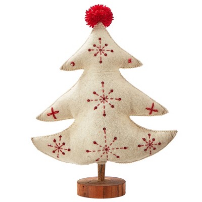 tagltd Embroidered Wool Ivory Christmas Tree Decorations for Tabletop or Mantel Small 14 inch