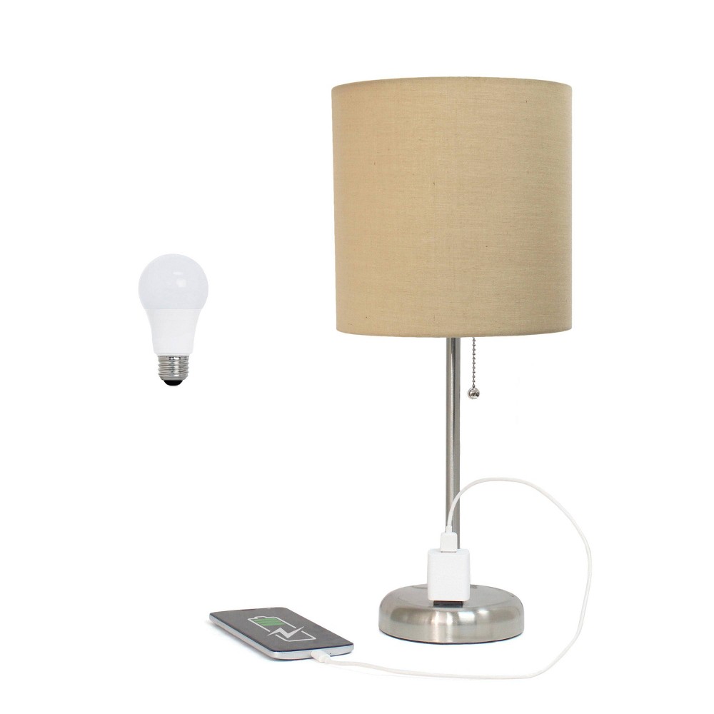 Creekwood Home Oslo 19.5" Power Outlet Base Metal Table Desk Lamp in Brushed Steel with Feit LED (Includes LED Light Bulb) Tan