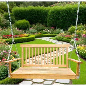 KTMBDW Patio Wooden Porch Swing for Courtyard & Garden, Heavy Duty 800 LBS Swing Chair Bench with Armrests and Hanging Chains for Outdoors - 1 of 4