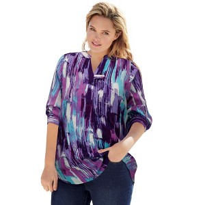 Woman Within Women's Plus Size Rayon 7-Day Three-Quarter Sleeve Tab-Front Tunic - 1 of 4