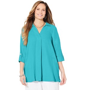 Catherines Women's Plus Size Anywear Pucker Cotton V-Neck Placket Blouse - 1 of 4