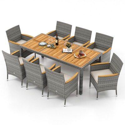 Tangkula 9 Pieces Patio PE Wicker Dining Set Outdoor Acacia Wood Table & Chairs
