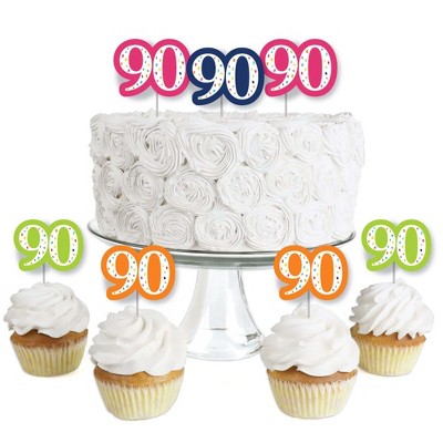 Big Dot of Happiness 90th Birthday - Cheerful Happy Birthday - Dessert Cupcake Toppers - Ninetieth Birthday Party Clear Treat Picks - Set of 24