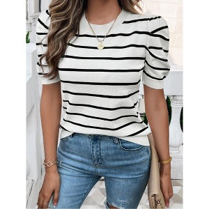 Womens Short Sleeve Puff Sleeve Round Neck Color Block Striped Sweater - 1 of 4