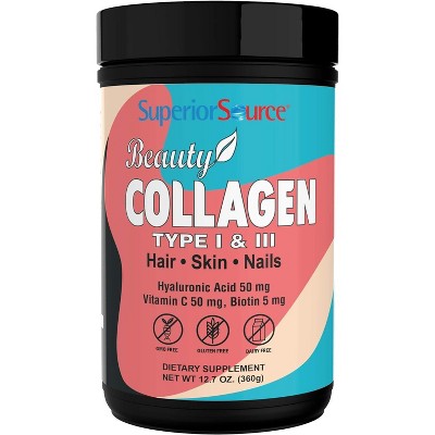 Superior Source Beauty Collagen Peptides (12.7 oz) – Hydrolyzed Types 1 & 3, Hyaluronic Acid, Vitamin C & Biotin