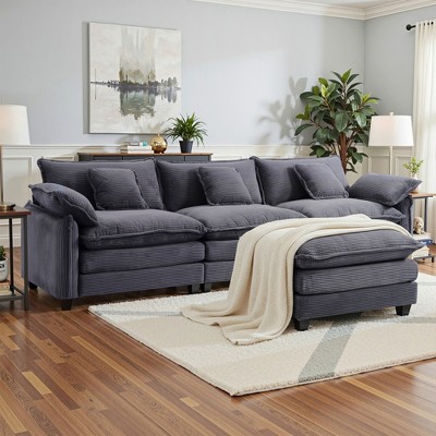 EHMKNP 3-Seat Corduroy Modular Sleeper Sectional Sofa - Comfy Upholstered with Ottoman for Living Room
