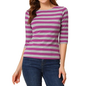 INSPIRE CHIC Women's Stripes Casual Basic Elbow Sleeves Boat Neck Slim Fit T-Shirts - 1 of 4