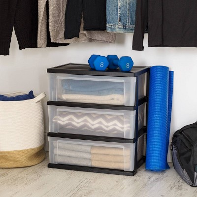 Black and Clear 3-Drawer Wide Plastic Storage Chest Set