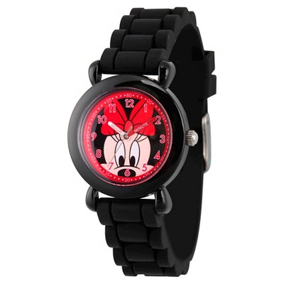 Disney Minnie Mouse Girls' Black Plastic Time Teacher Watch, Black Silicone Strap, WDS000135