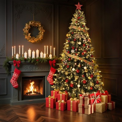 Prelit Pencil Christmas Tree - 240 Warm White Lights, 8 Modes, Hinged Design, Foldable Stand - Perfect for Home, Office, Party