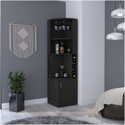 homfan Corner Wine Bar Cabinet with Wine Racks, Open Shelves, and Bottom Storage - Multifunctional Wooden Storage for Kitchen, Dining, and Living Room